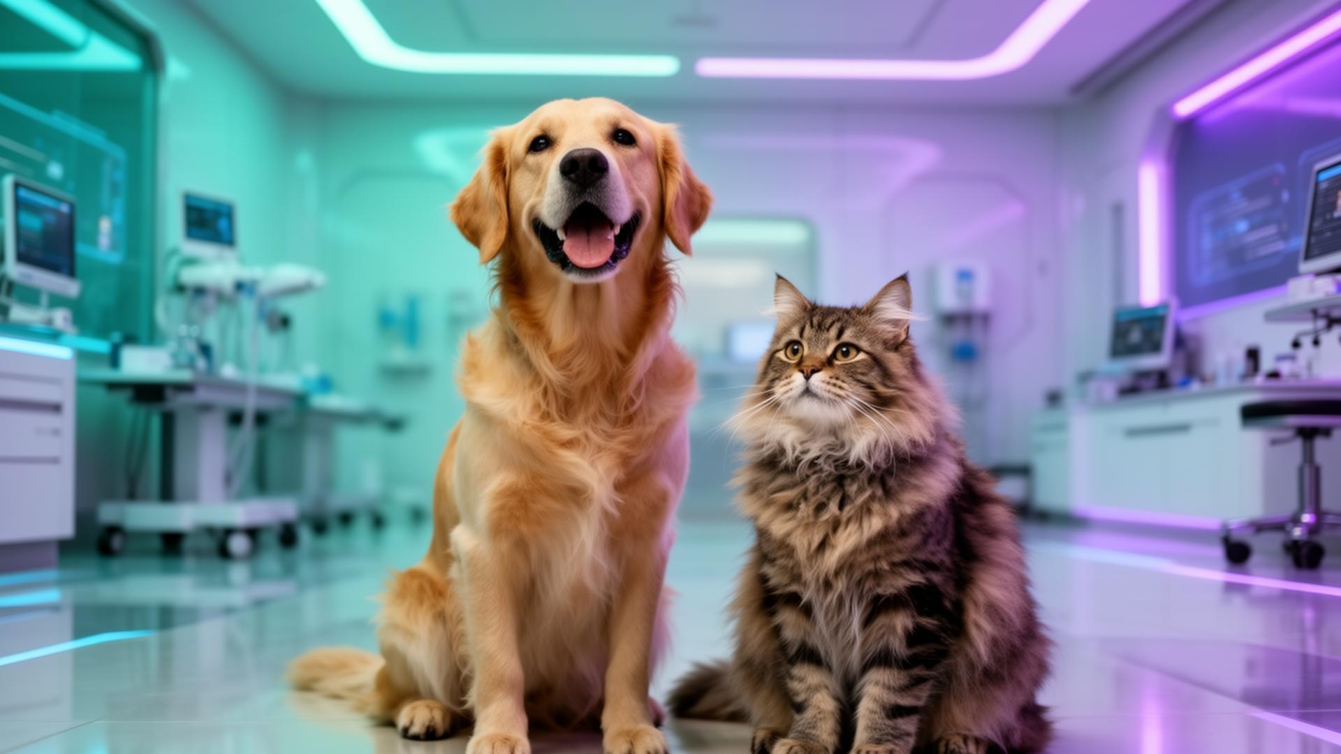 Happy dog and cat in a modern veterinary clinic